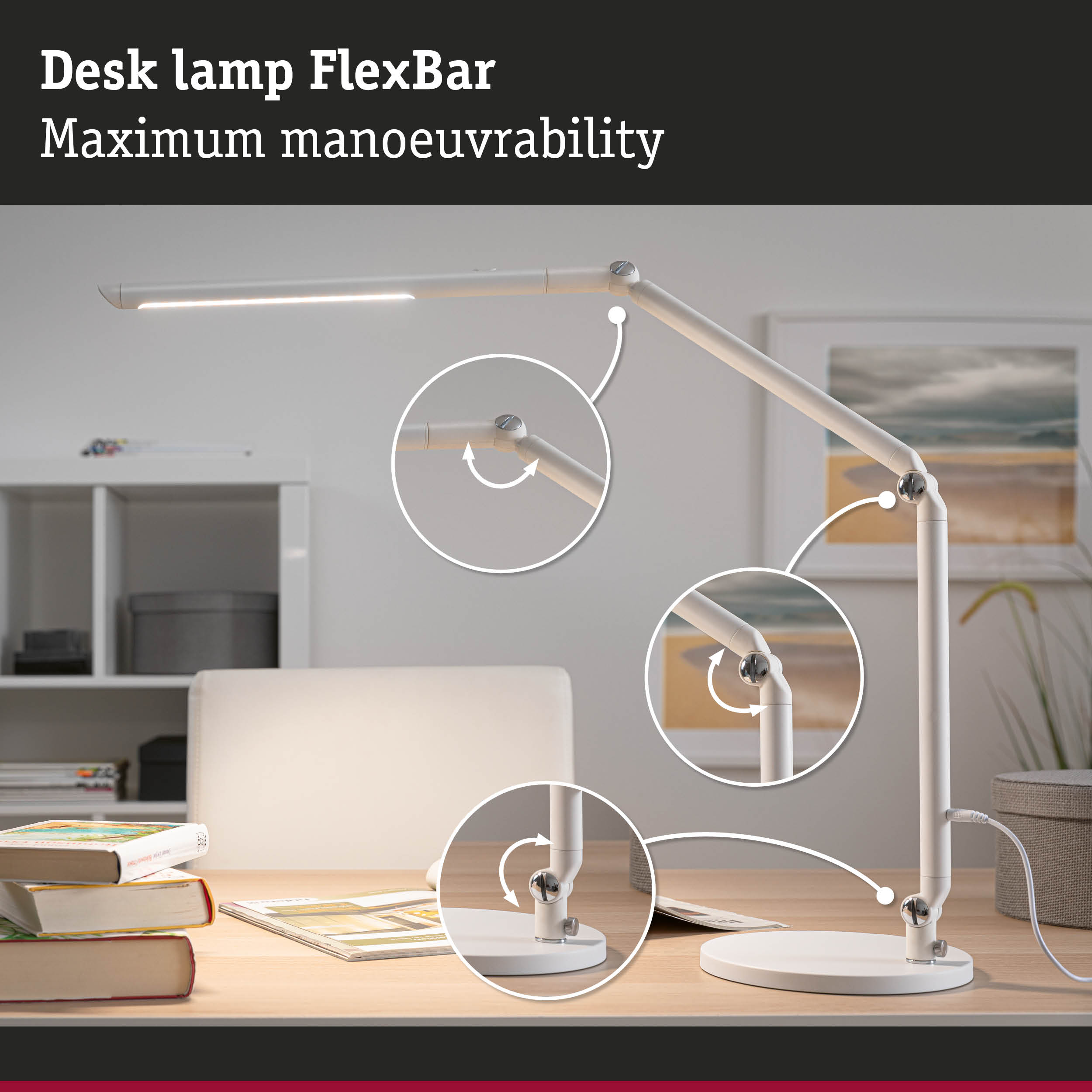 White metal FlexBar desk lamp with LED light and adjustable joints for flexible workspace lighting