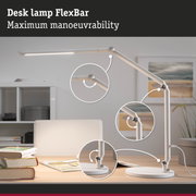 White metal FlexBar desk lamp with LED light and adjustable joints for flexible workspace lighting