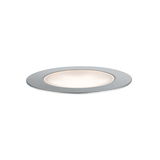 Round LED recessed light with brushed aluminum frame and warm white light for modern interiors