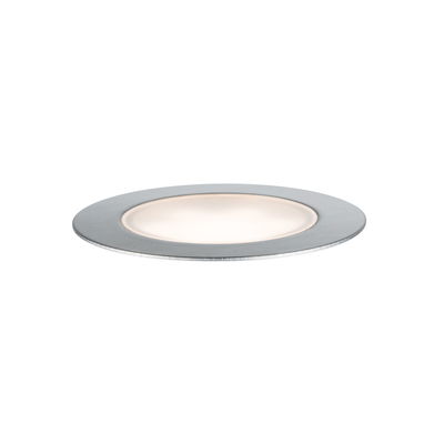 Round LED recessed light with brushed aluminum frame and warm white light for modern interiors