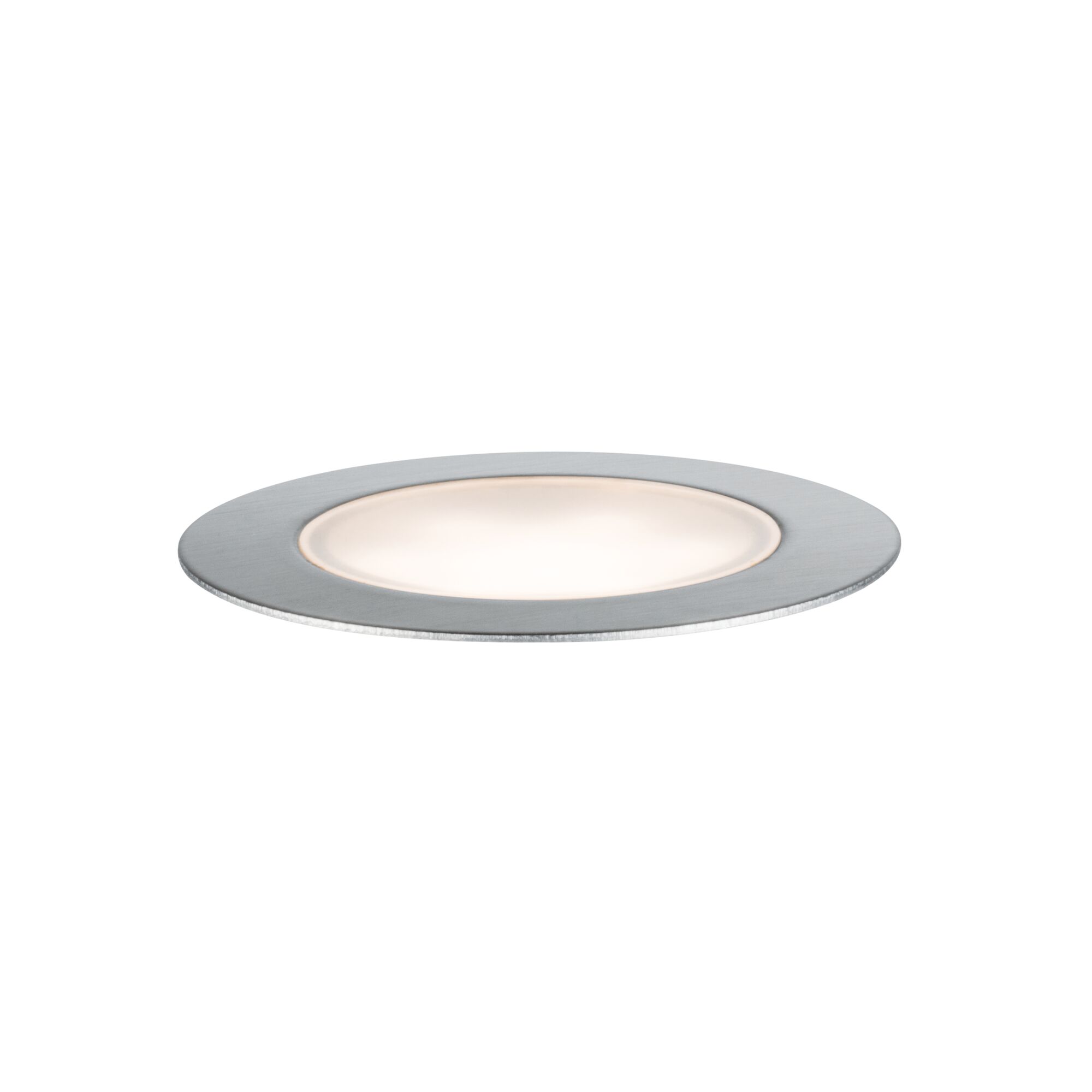 Round LED recessed light with brushed aluminum frame and warm white light for modern interiors