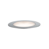Round LED recessed light with brushed aluminum frame and warm white light for modern interiors