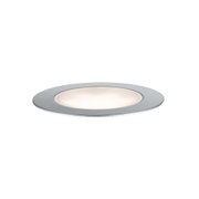 Round LED recessed light with brushed aluminum frame and warm white light for modern interiors