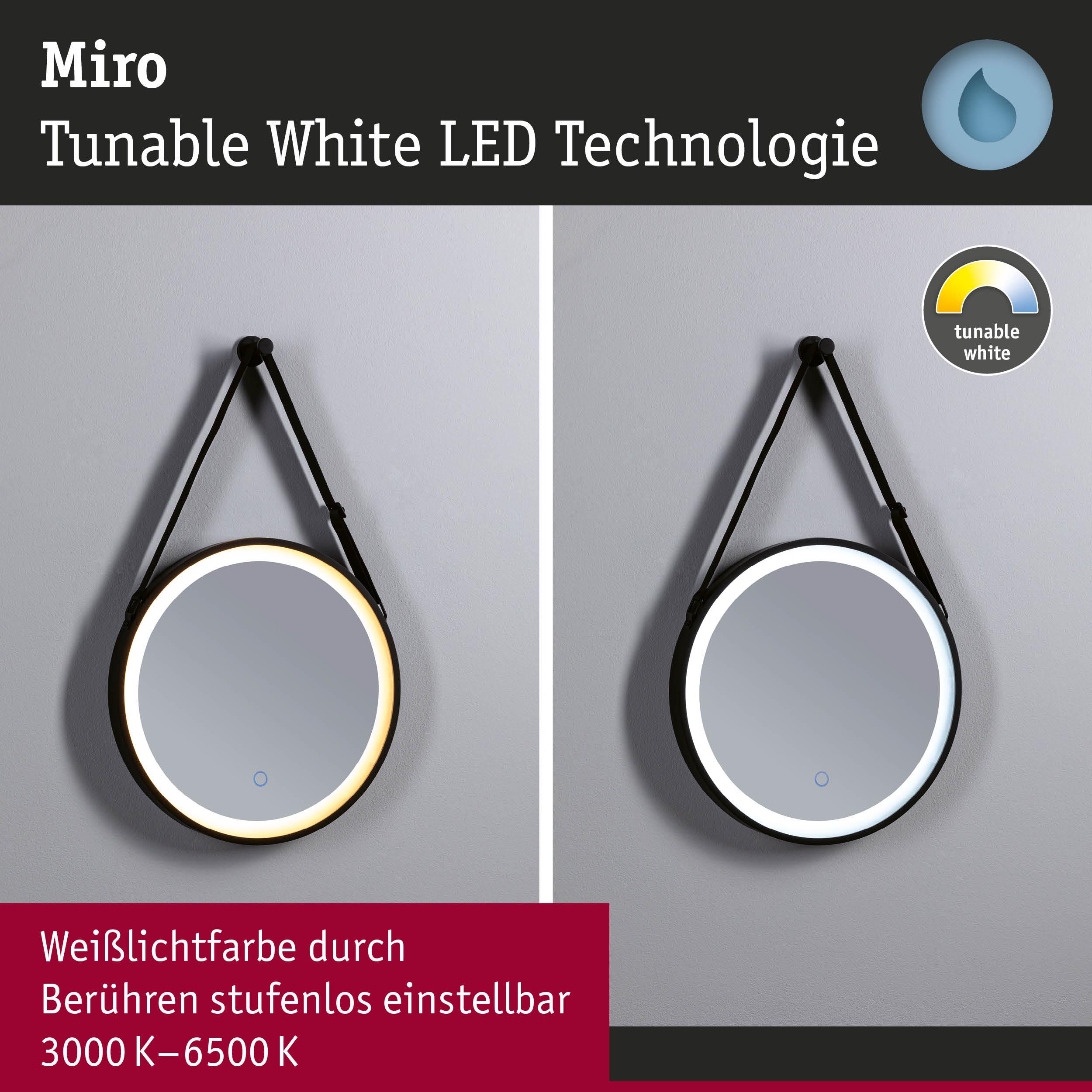 Runder Miro LED-Spiegel mit einstellbarer weißer Lichtfarbe von 3000K bis 6500K, schwarzer Rahmen