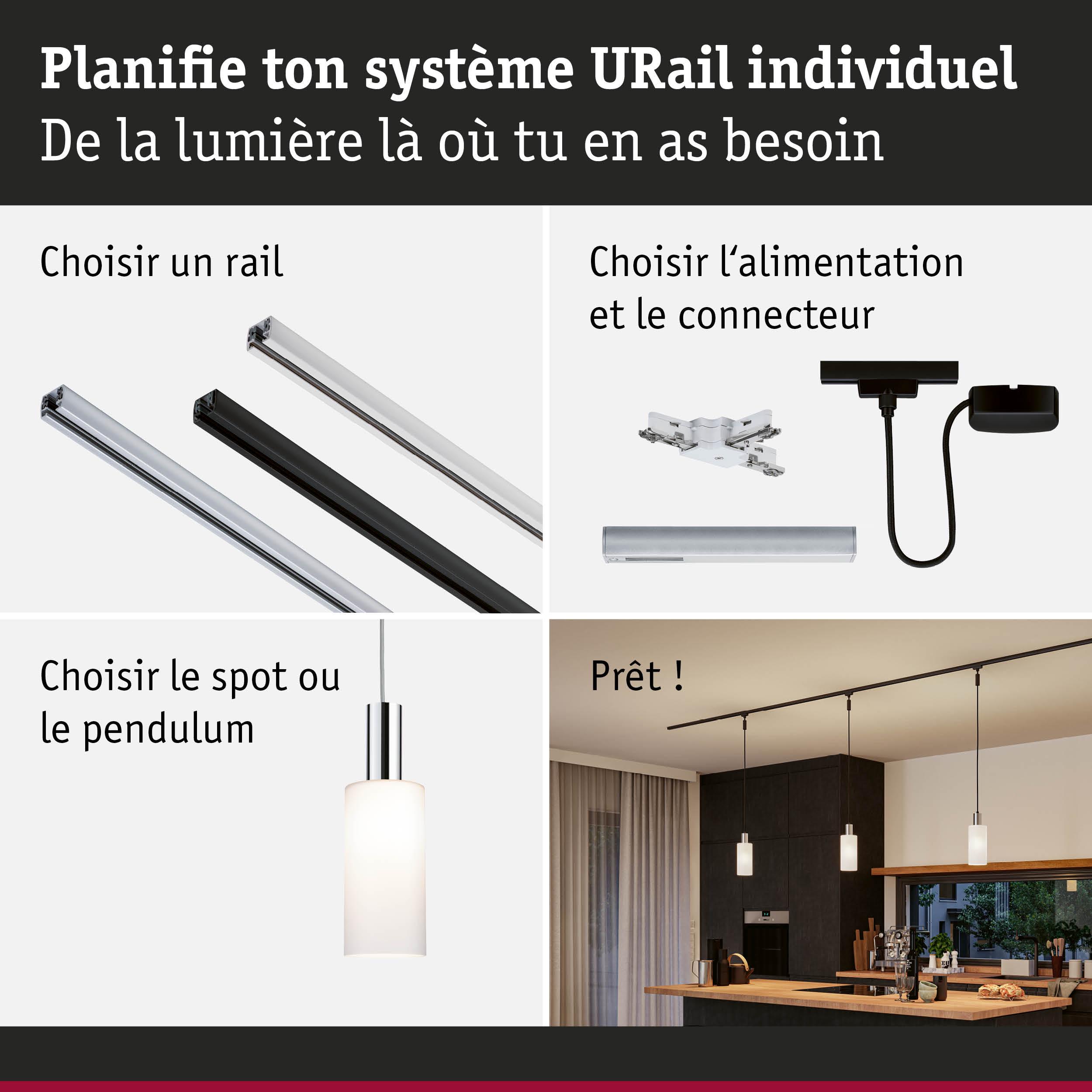 Système modulaire URail en aluminium noir et argent pour éclairage LED personnalisable.