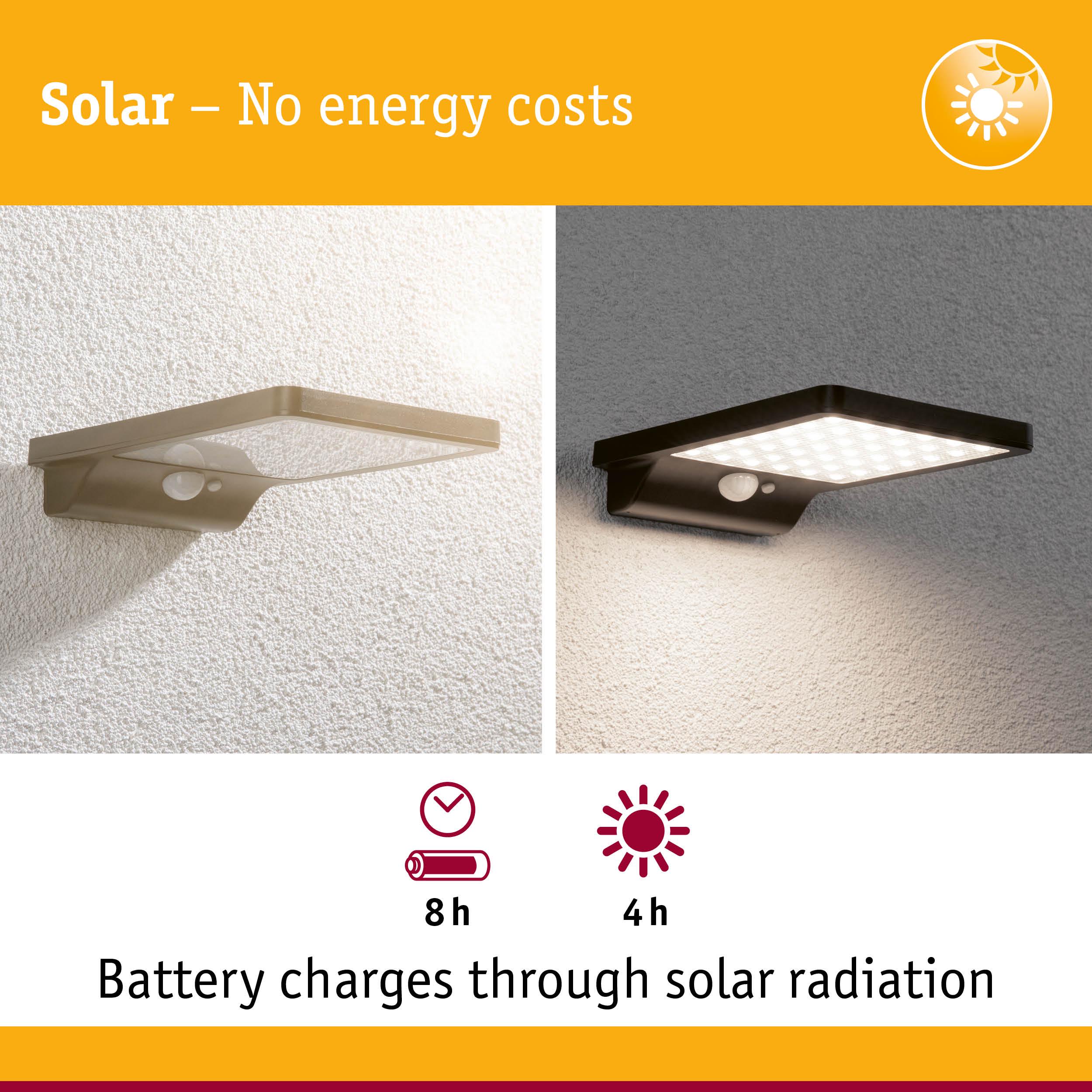 Black solar-powered outdoor wall light with motion sensor and LED for energy-saving garden illumination