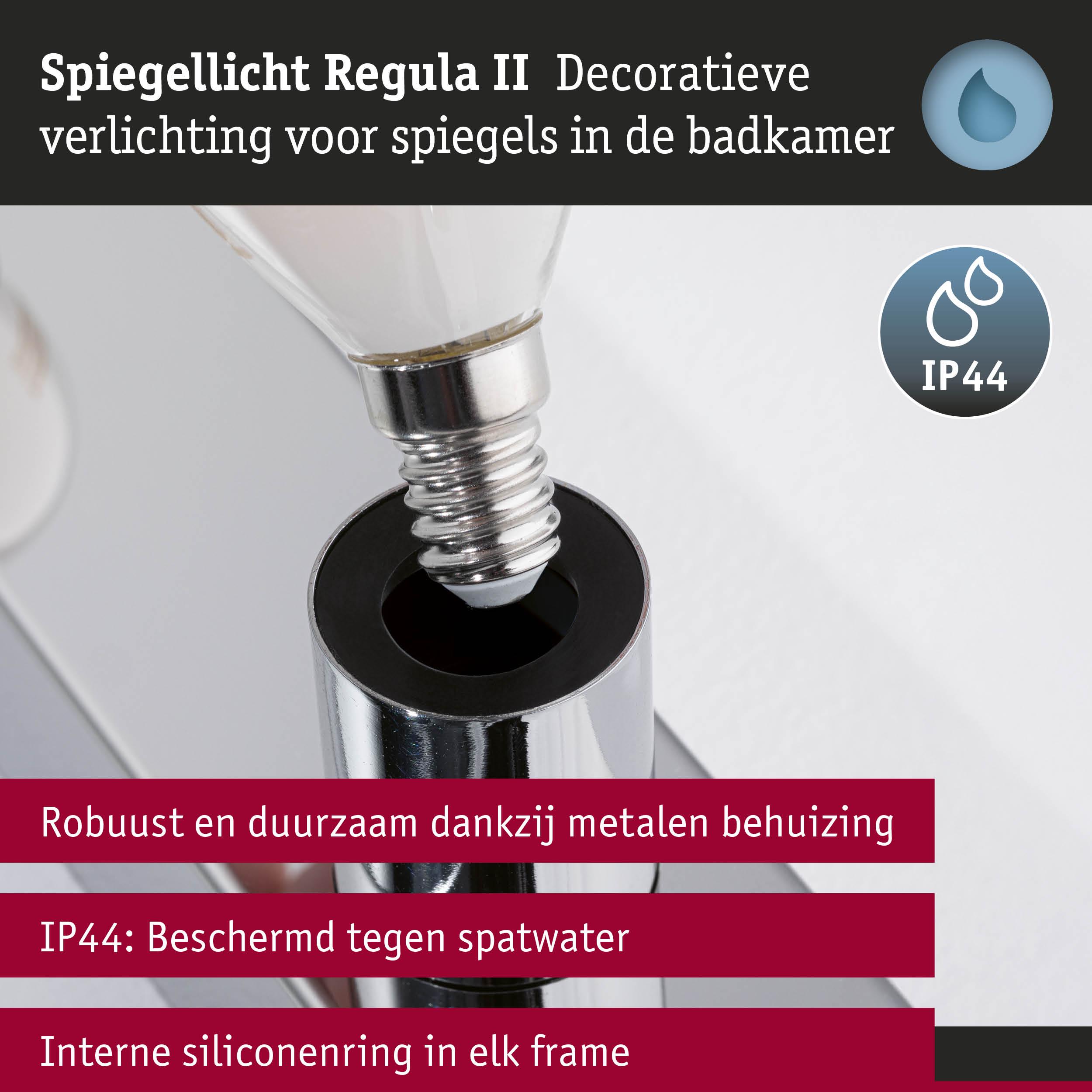 Spiegellicht Regula II met robuuste metalen behuizing en IP44 spatwaterbescherming voor badkamerverlichting