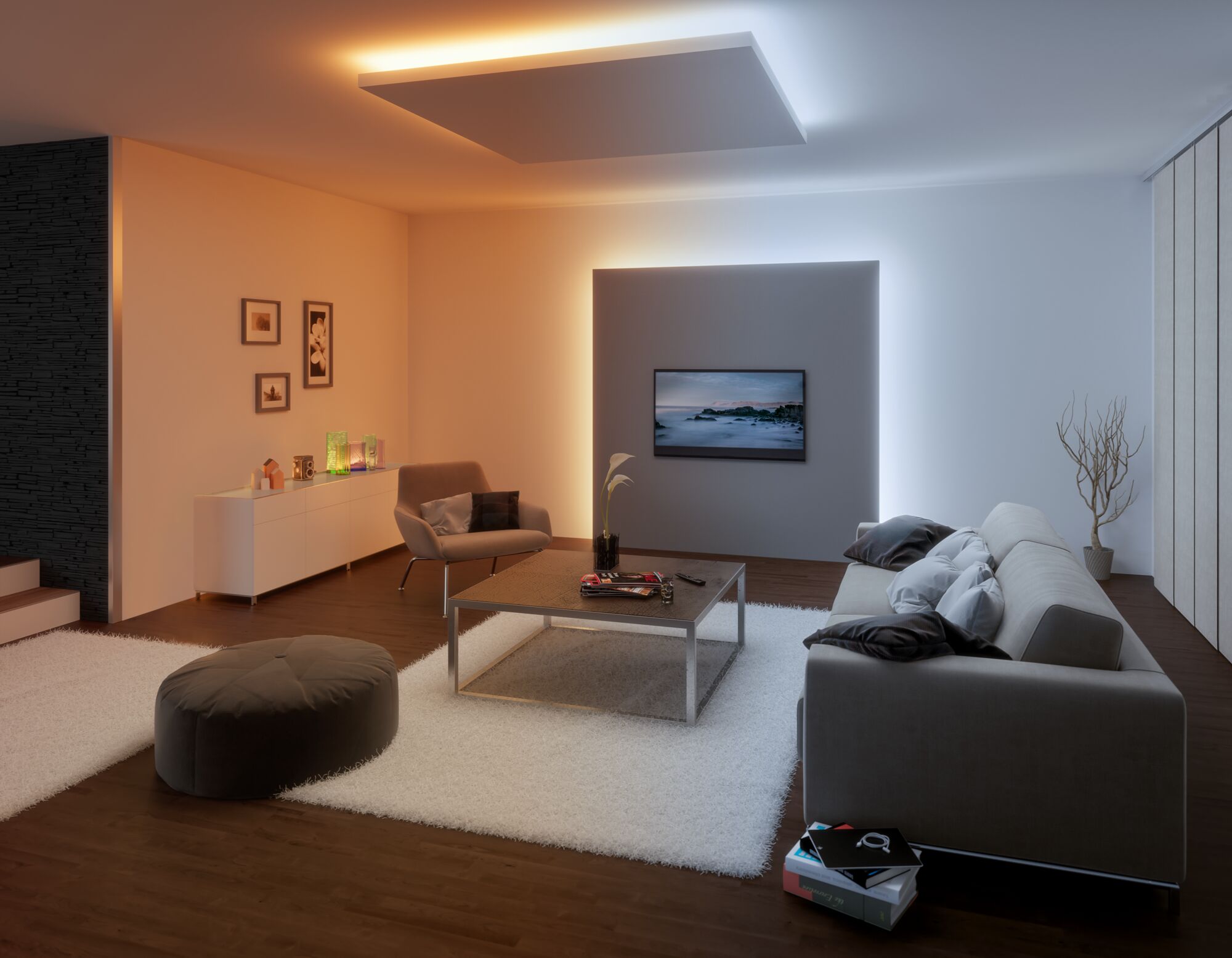 Modern living room with MaxLED RGB ceiling and wall lighting in warm and cool white for ambiance.