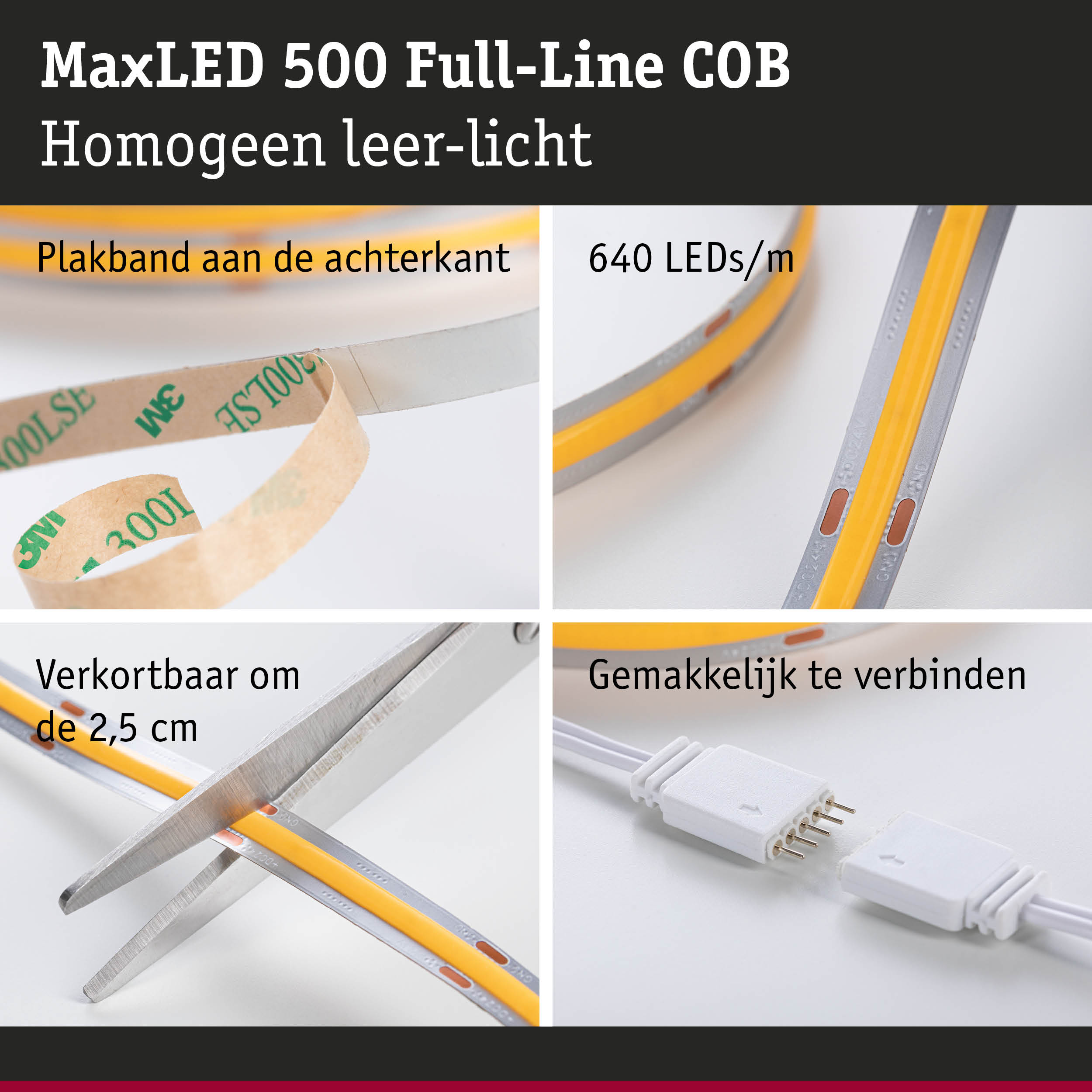 MaxLED 500 COB LED-strip met 640 LEDs/m, zelfklevend, knipbaar en eenvoudig te verbinden