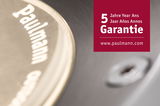Close-up of Paulmann product with 5 years warranty notice and website link