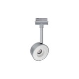 Moderner runder LED-Strahler in Silber mit weißem Innenring aus Metall für Schienensysteme