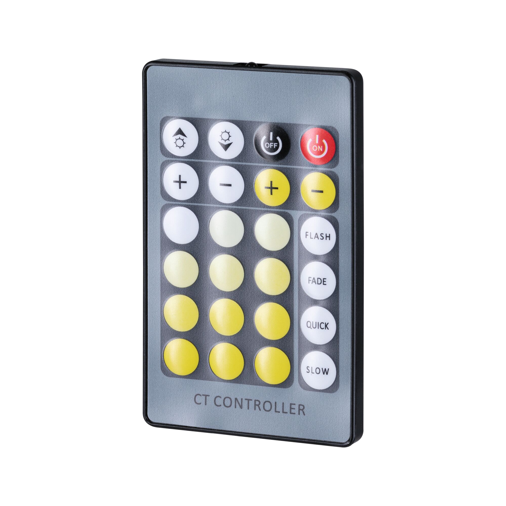 Grijze CT-controller met gekleurde knoppen voor het bedienen van LED-lichtkleuren en effecten