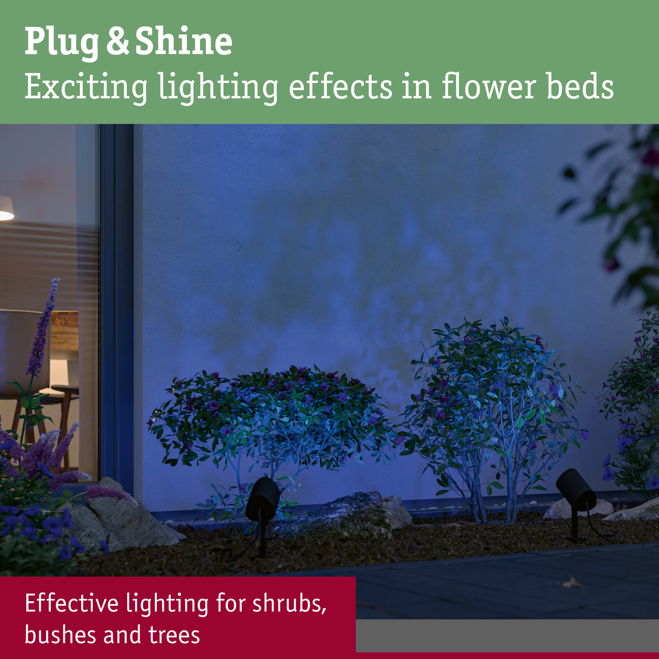 Plug & Shine black outdoor spotlight illuminating shrubs and flower beds with blue light
