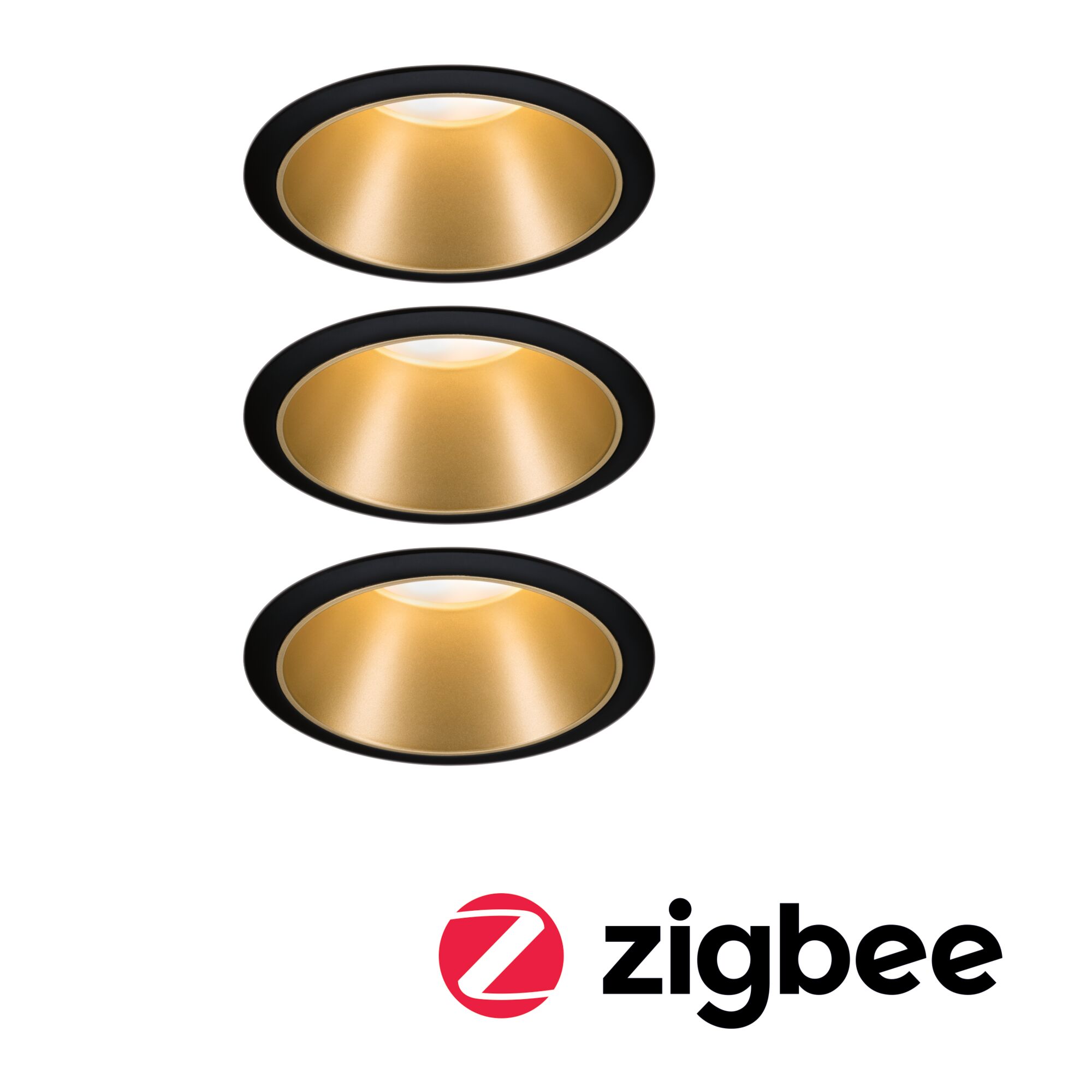 Smart Home Zigbee Set Smart Home Zigbee 3.0 Einbauleuchte Cole + Zigbee Coin IP44 rund 88mm 3x6W 3x470lm 230V dimmbar 2700K Schwarz/Gold matt Drei runde Einbauleuchten mit schwarzem Rand und goldfarbenem Reflektor, Zigbee kompatibel für Smart Home Beleuchtung