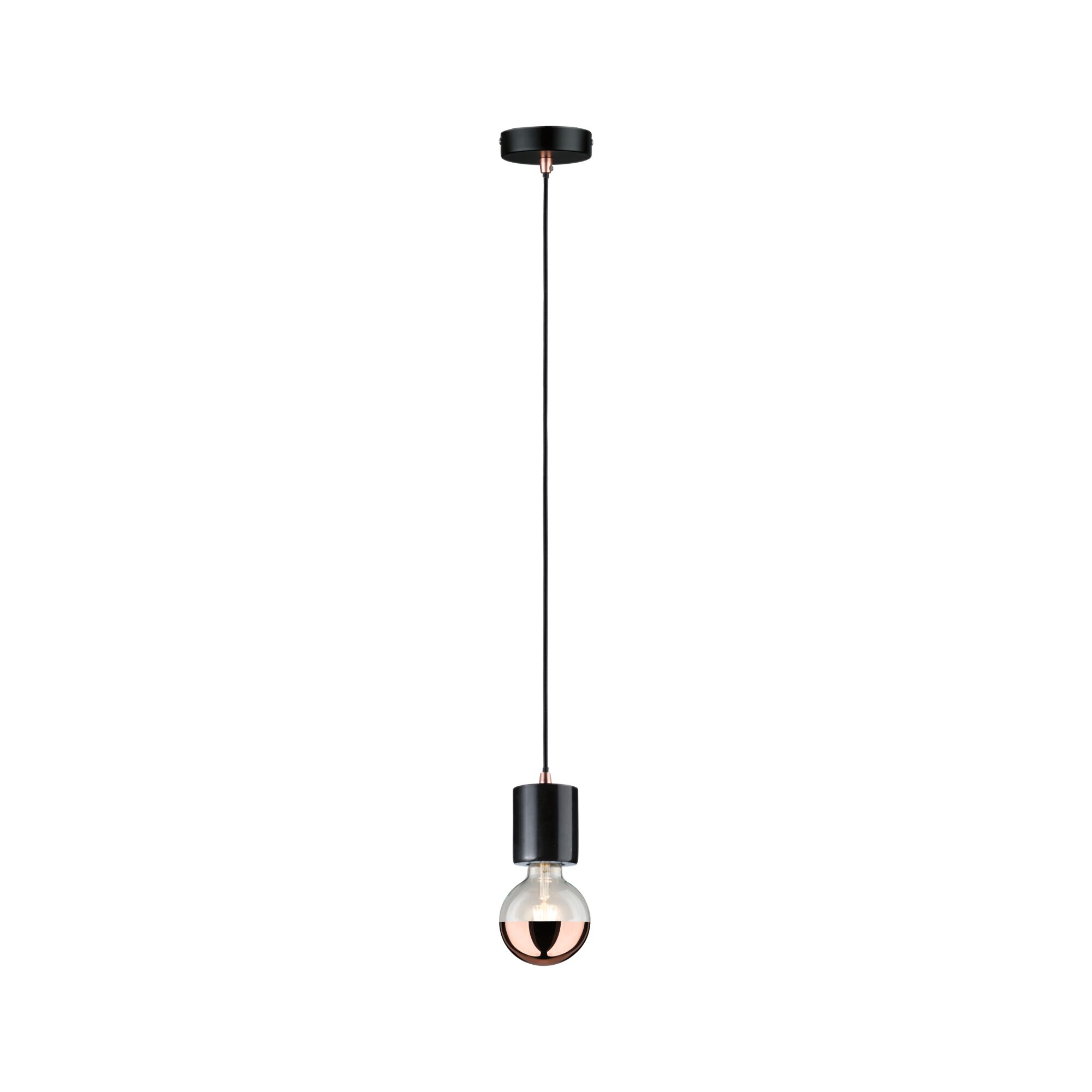 Black pendant light with copper reflector and bulb, modern design for living spaces.