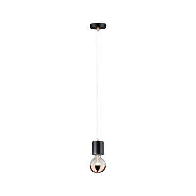 Modern pendant light with black metal and copper bulb base for stylish room lighting and interior design