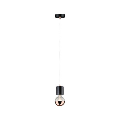 Black pendant light with copper socket and half-clear bulb for stylish indoor lighting