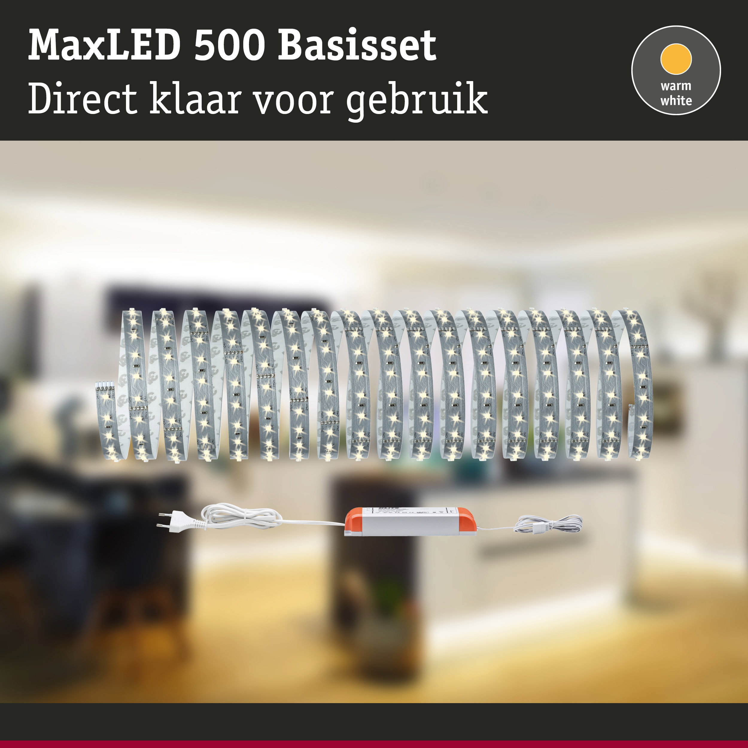 MaxLED 500 basis LED-stripset met warmwit licht, flexibele strips en voeding voor woonverlichting