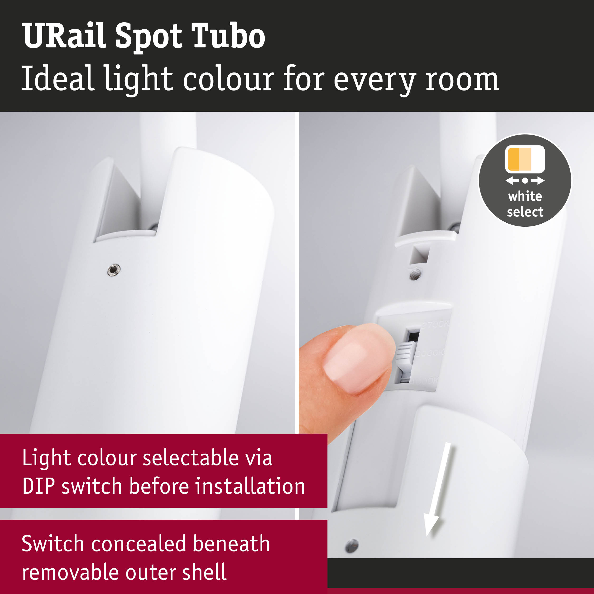 White URail Spot Tubo with DIP switch for light colour selection before installation, modern LED spotlight