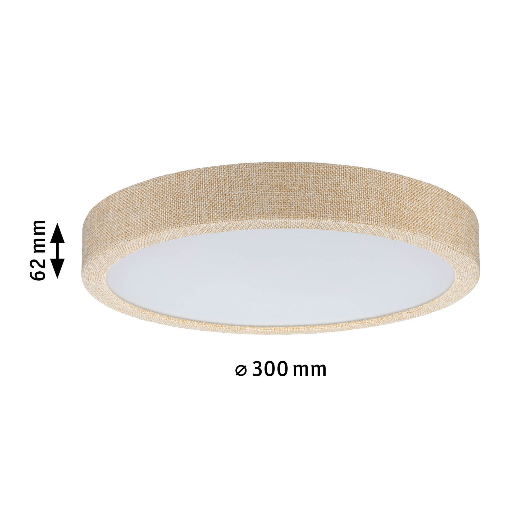 Ronde plafondlamp 300 mm diameter, 62 mm hoog, beige stoffen rand met witte diffuser voor woonruimtes