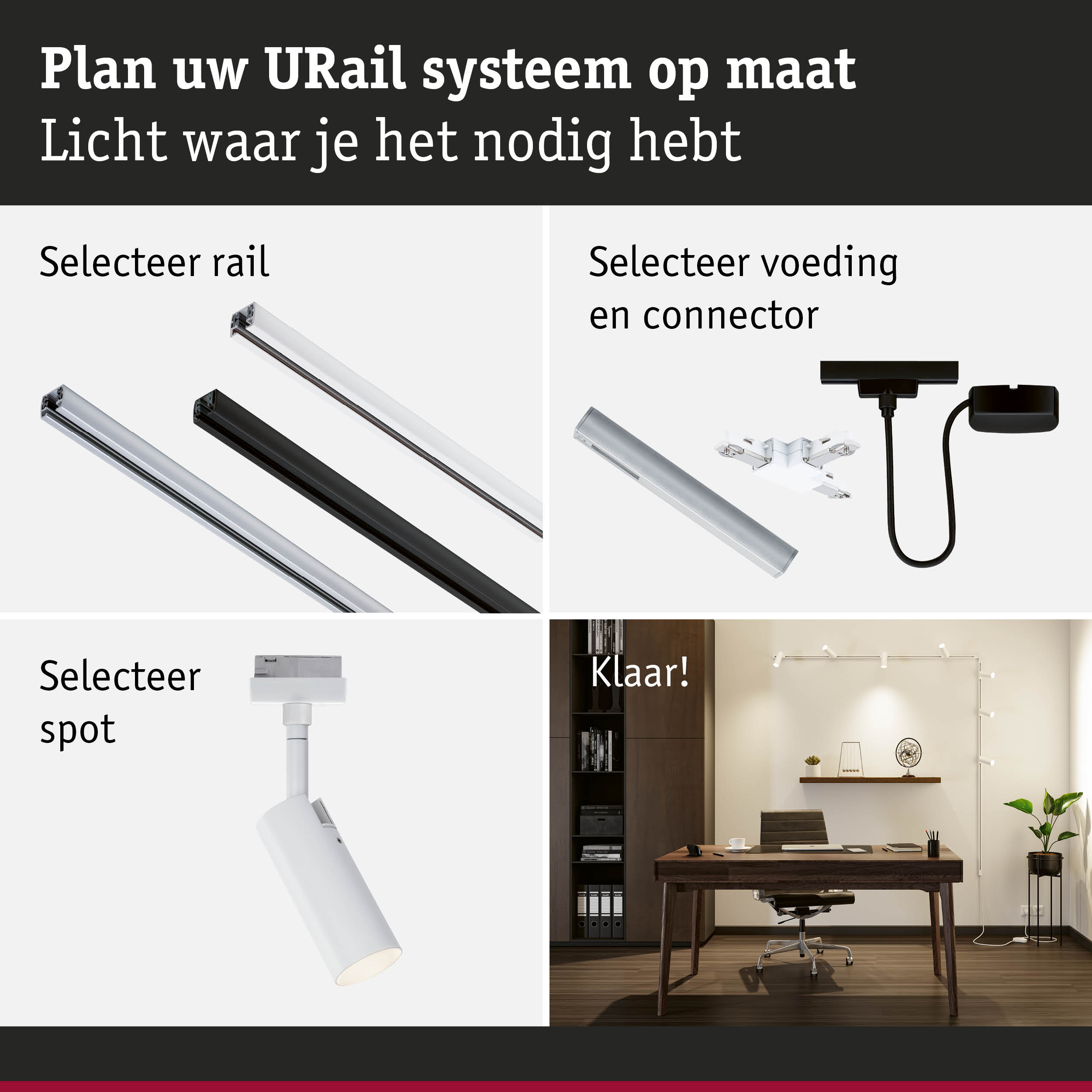 Modulair URail railsysteem met witte en zwarte rails, connectoren en spots voor flexibele verlichting