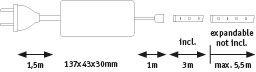Technical drawing of white LED power supply with cables and dimensions for lighting systems.