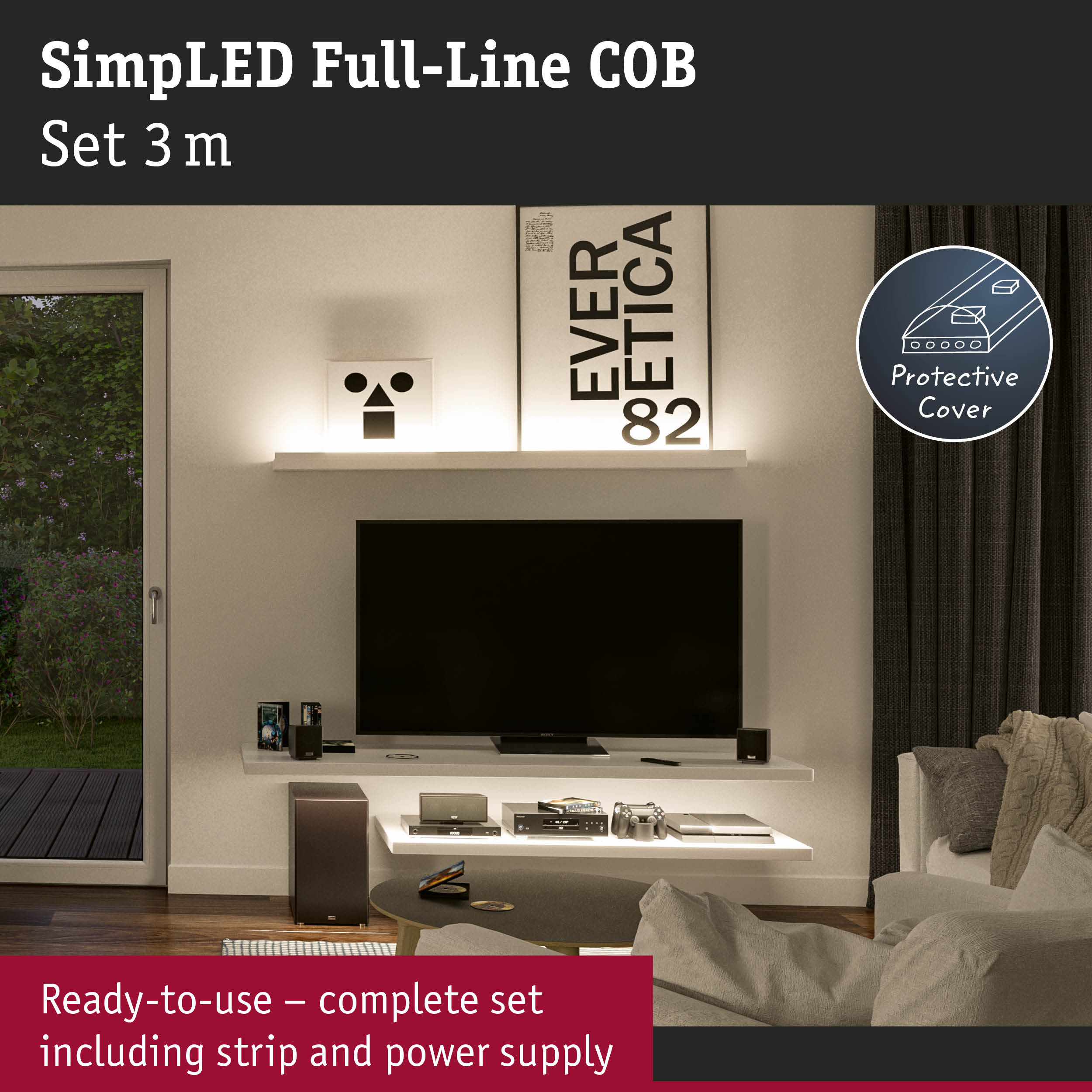 3m SimpLED Full-Line COB LED strip with protective cover in modern living room with TV and sofa