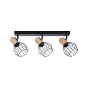 Three-light ceiling lamp with black metal cage and light wood for modern home lighting