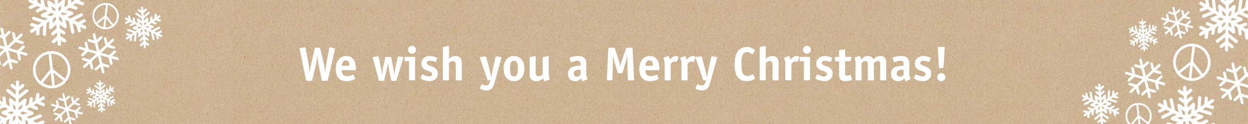 Christmas greeting on brown background with white snowflakes and peace symbols