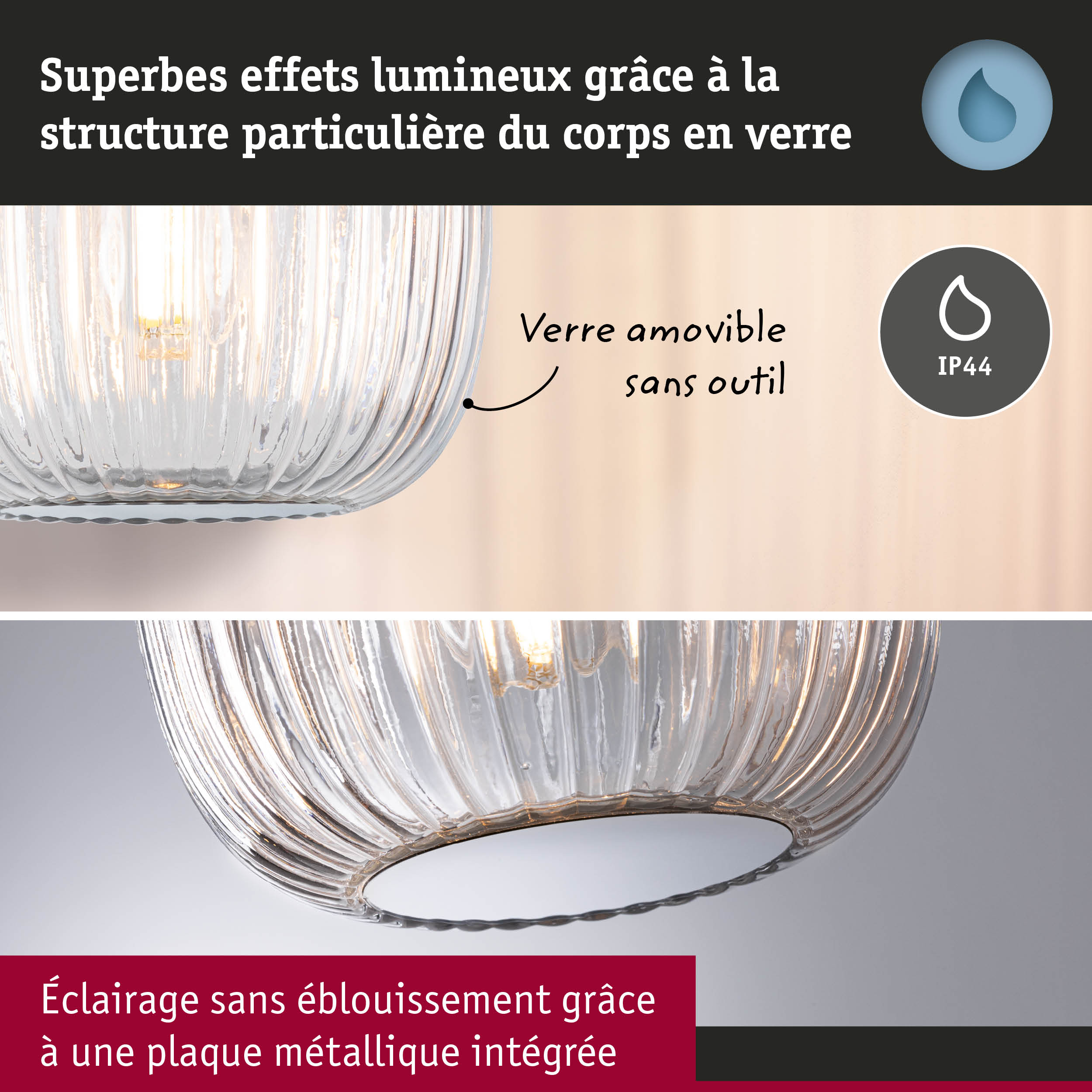 Plafonnier en verre à surface texturée avec plaque métallique intégrée pour un éclairage sans éblouissement