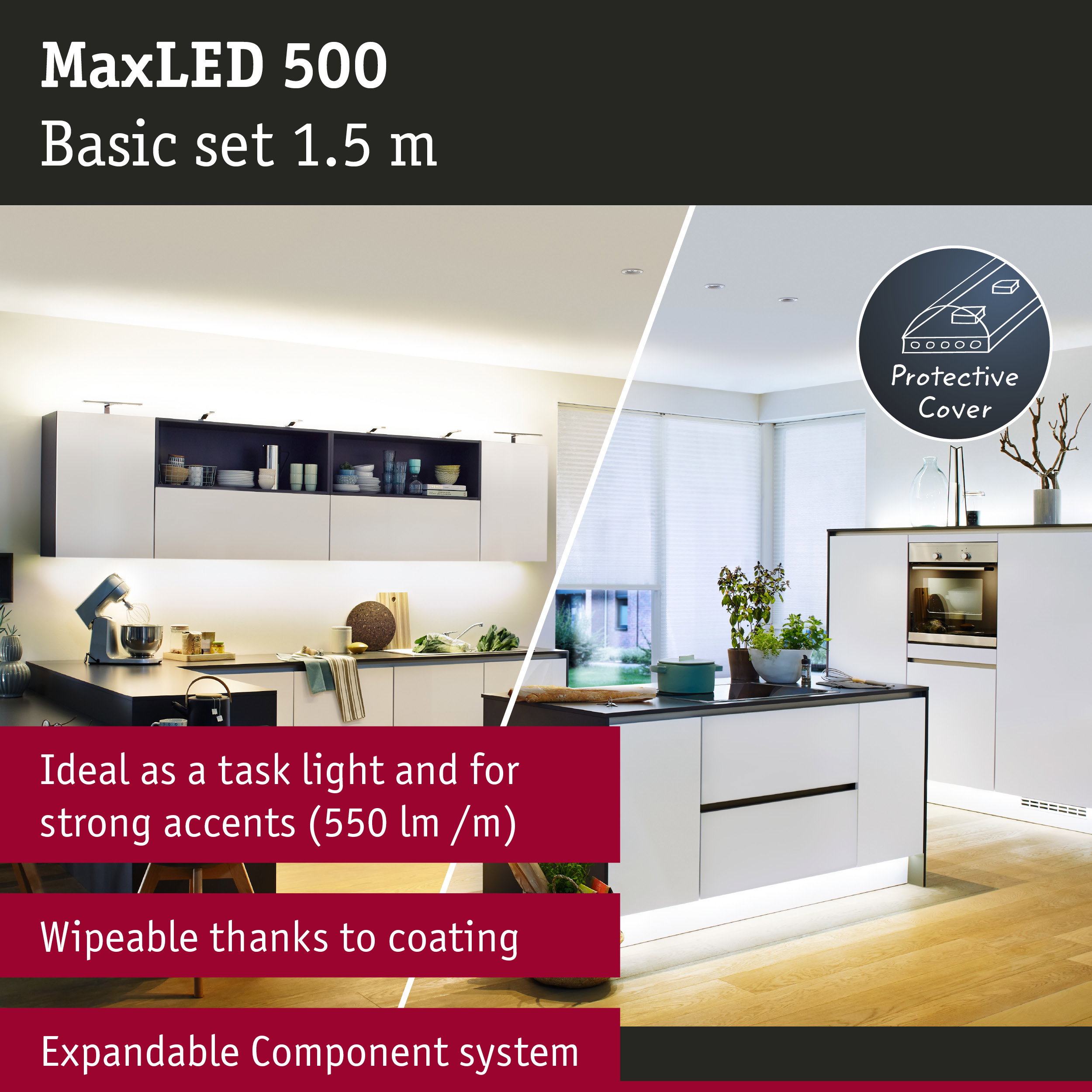 MaxLED 500 1.5m LED lighting with protective cover, perfect for kitchen task lighting and accent illumination