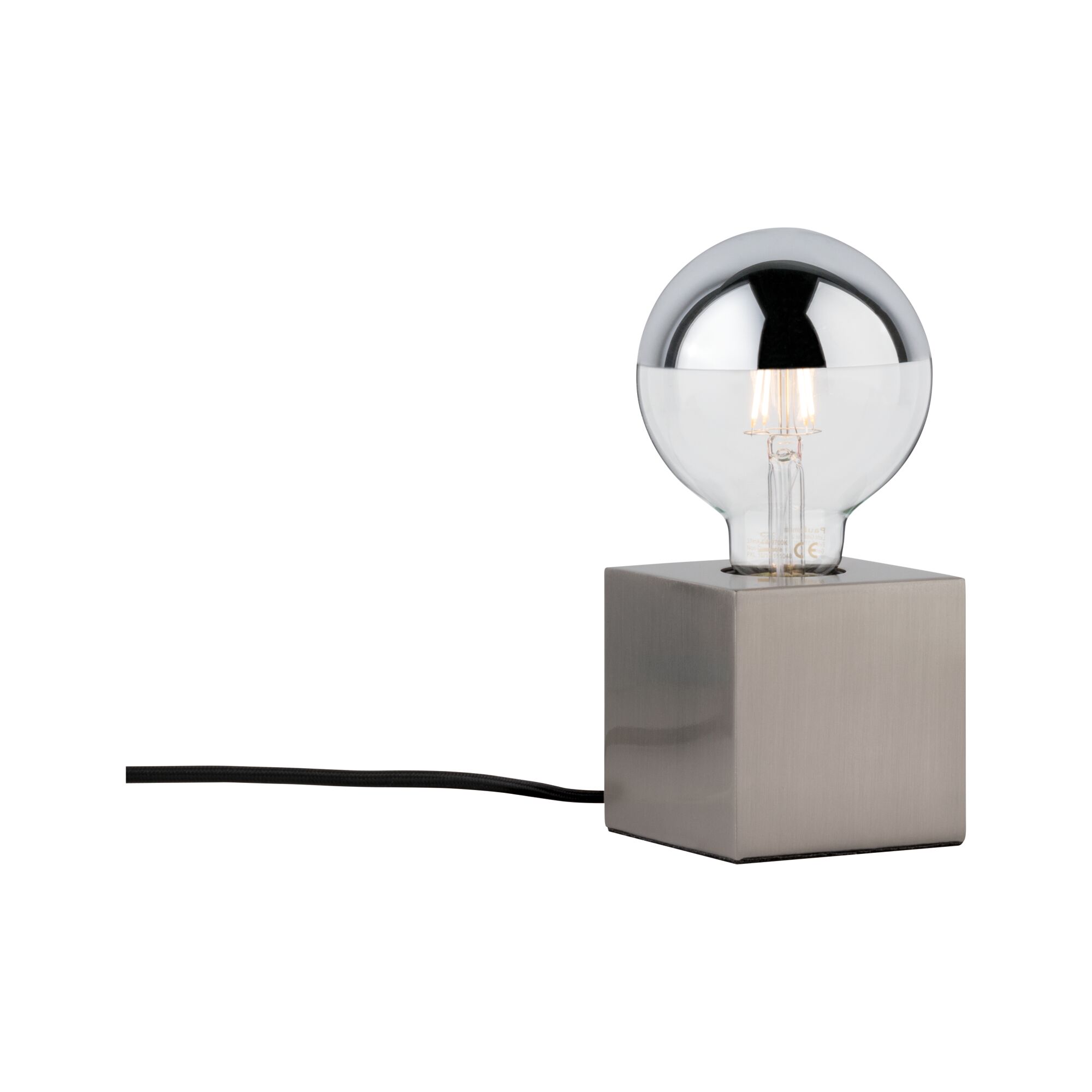 Modern table lamp with square stainless steel base and clear bulb featuring silver top cap for stylish lighting