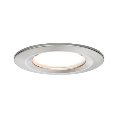 Round LED recessed spotlight in brushed silver aluminum with warm white light for home lighting
