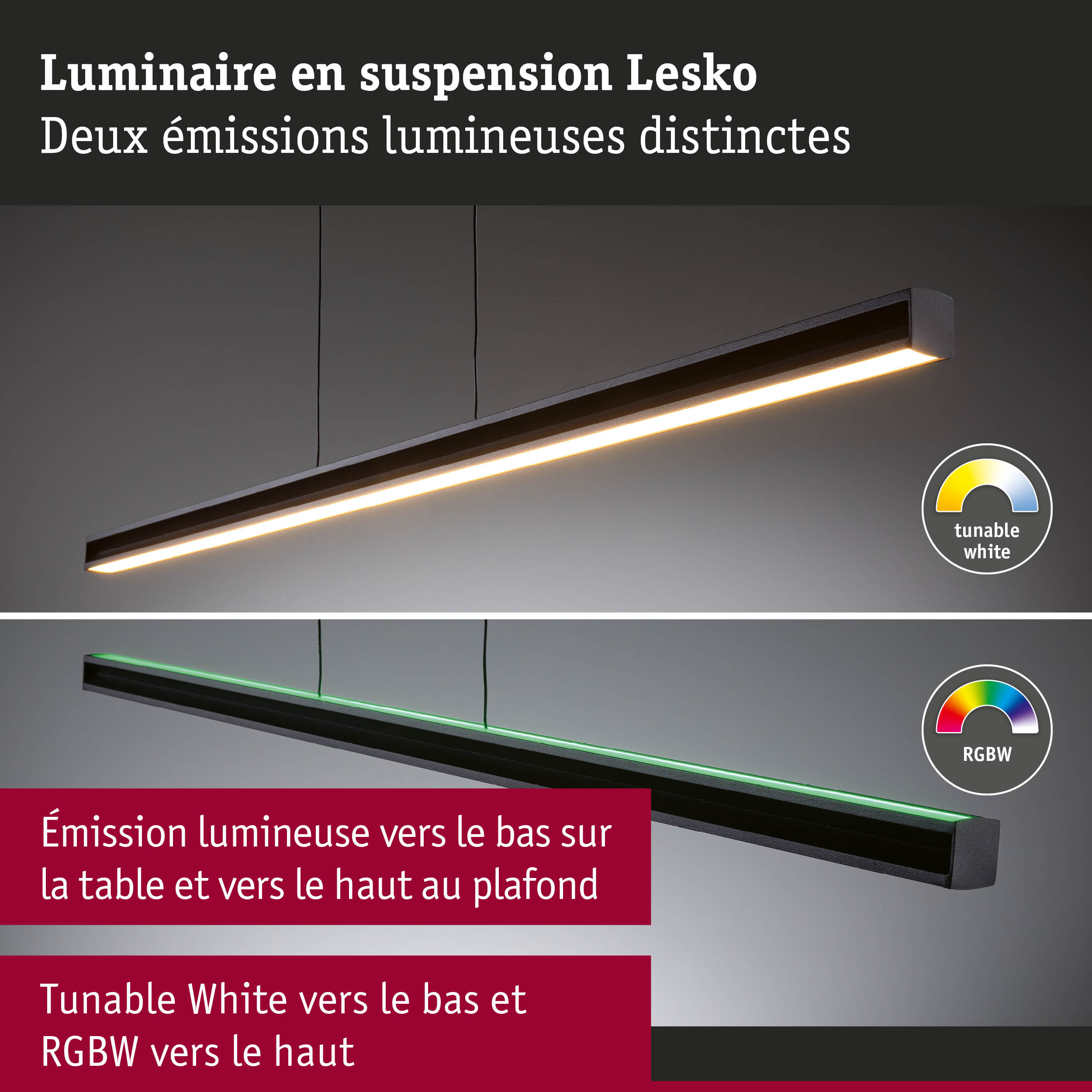 Luminaire suspendu Lesko noir avec deux émissions lumineuses distinctes, tunable white et RGBW LED