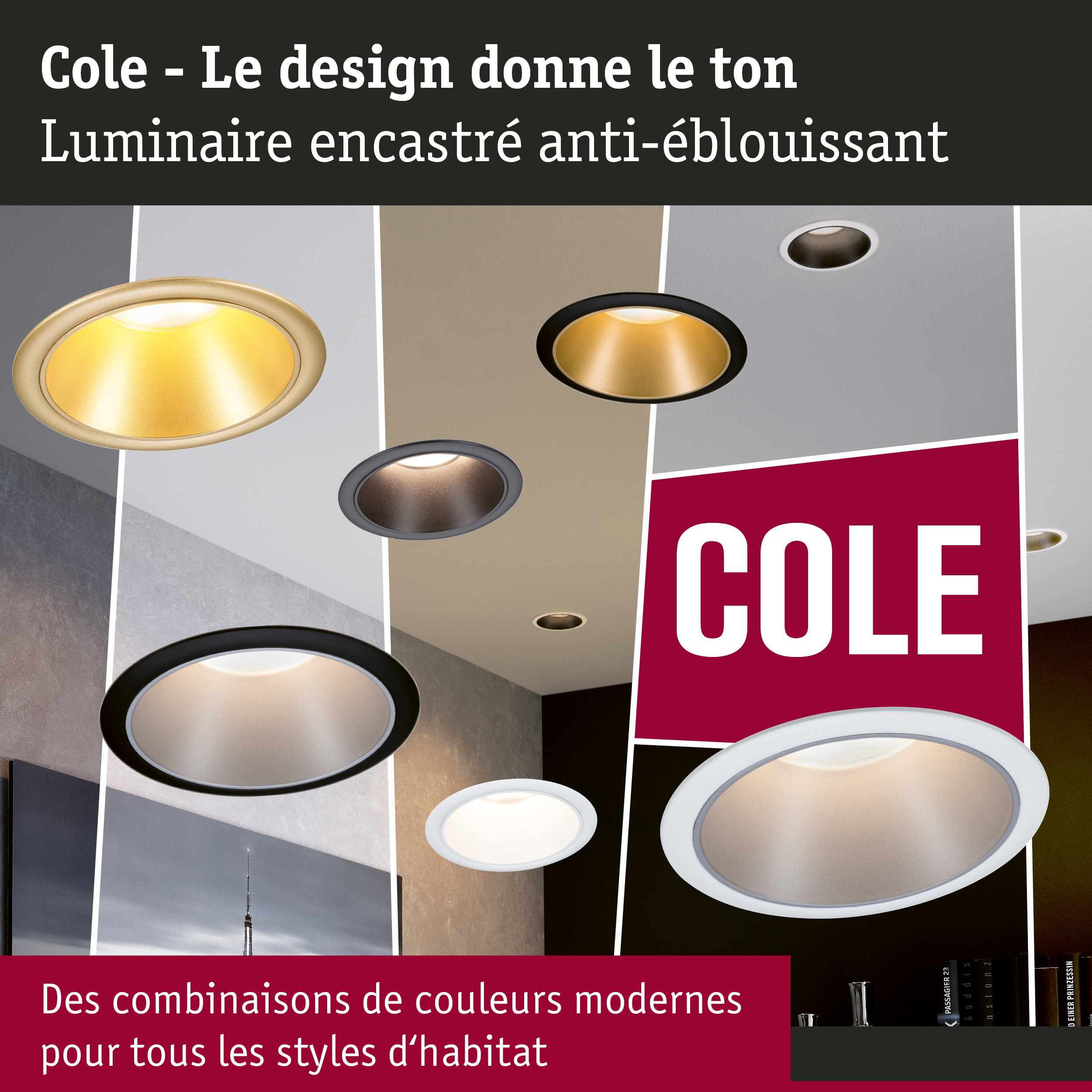 Luminaire encastré Cole en couleurs modernes avec design anti-éblouissement pour tous styles