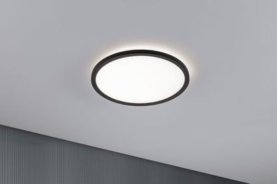 Rund loftlampe med sort metalramme og hvid diffuser til moderne belysning