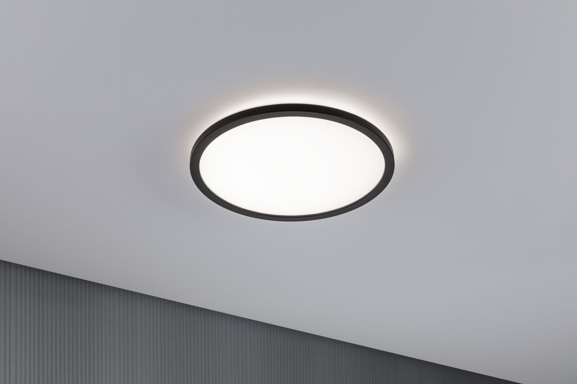 Runde Deckenleuchte mit schwarzem Metallrahmen und weißem Diffusor für modernes Raumlicht