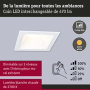 Spot LED encastré carré blanc avec lumière blanc chaud et fonction de gradation en 3 niveaux