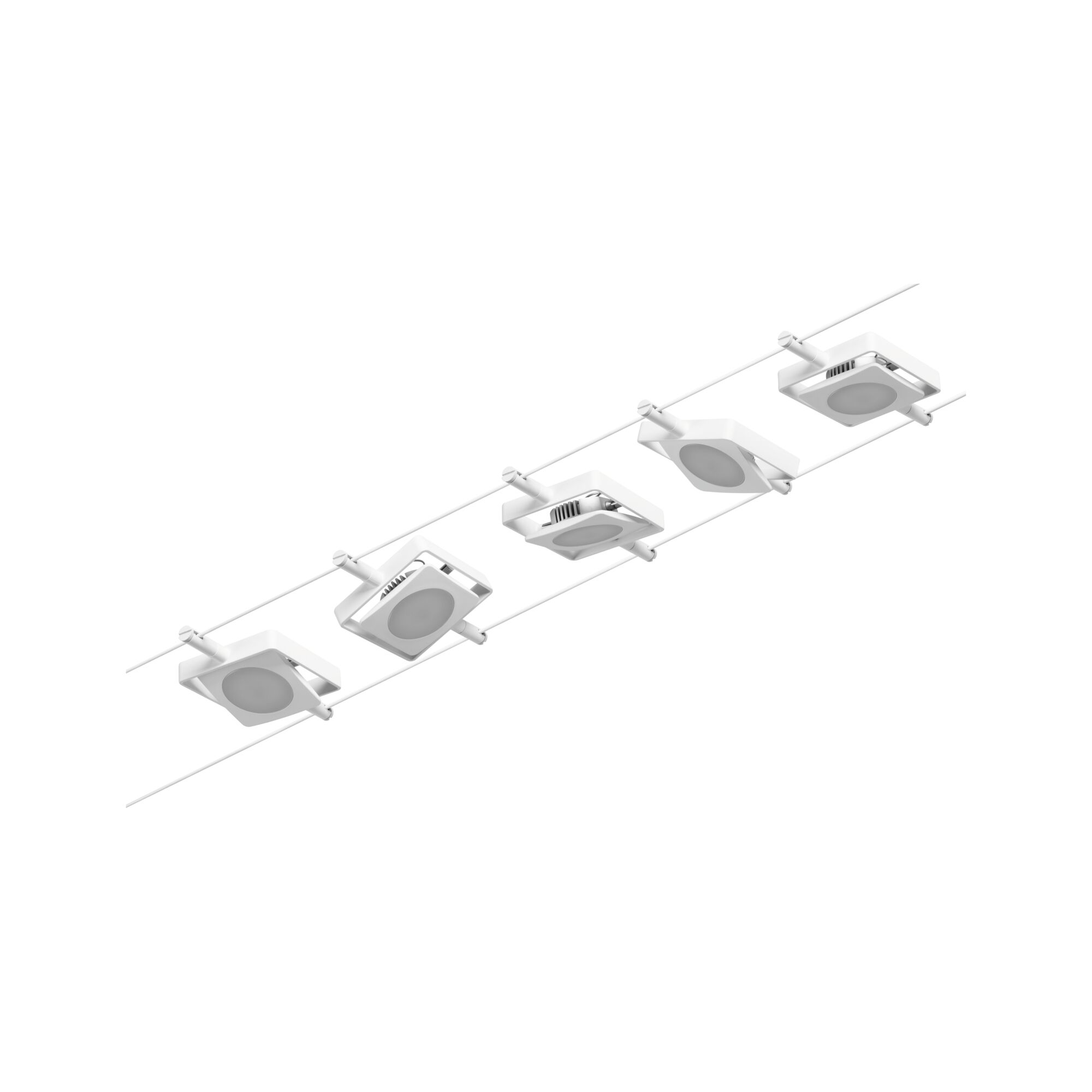 Weiße quadratische LED-Deckenleuchten aus Kunststoff an Schienensystem für moderne Beleuchtung