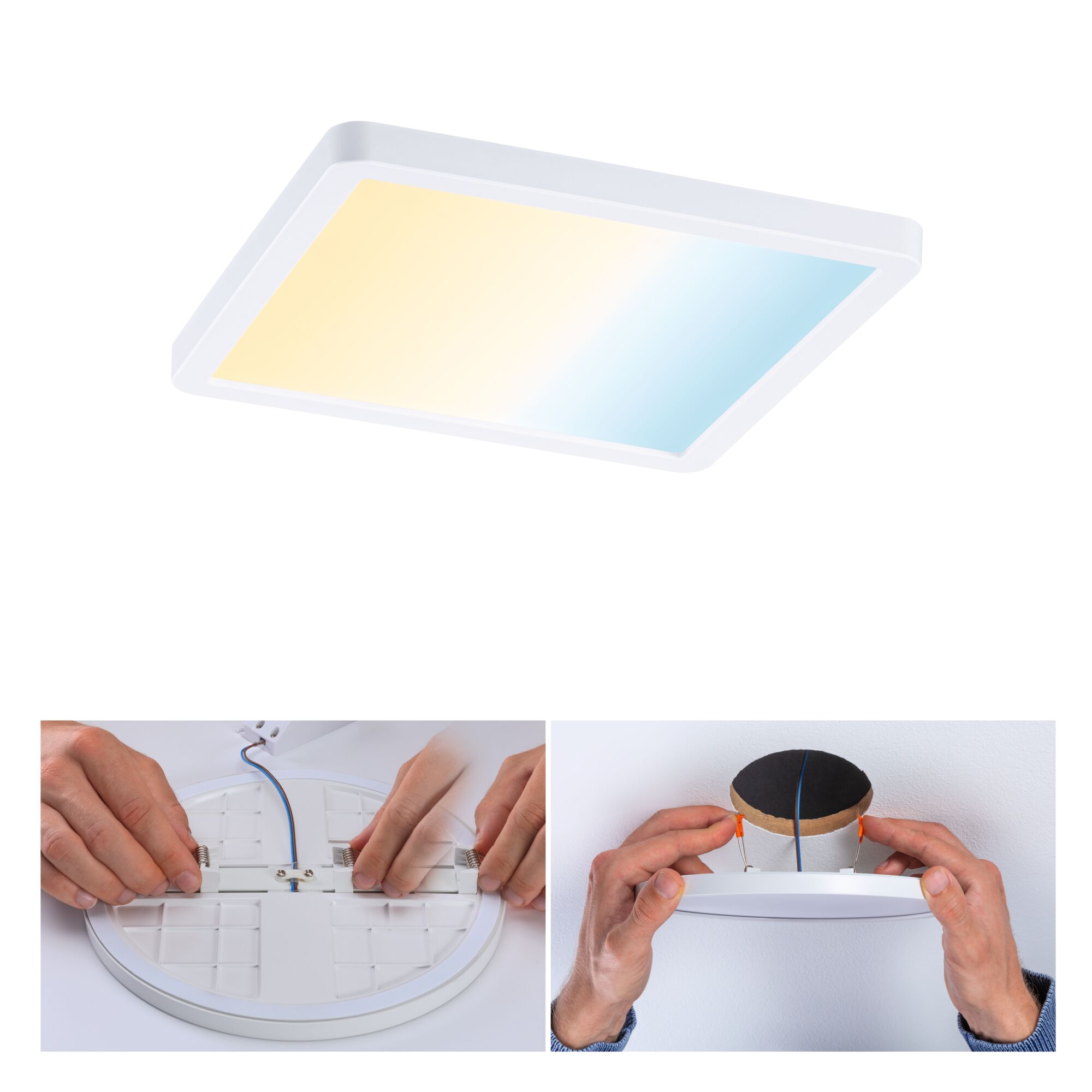 Wit LED-plafondpaneel met instelbare kleurtoon, montage met veren en kabelverbinding.