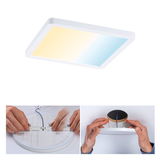 White LED ceiling panel with adjustable color tone, installation using springs and cable connection.