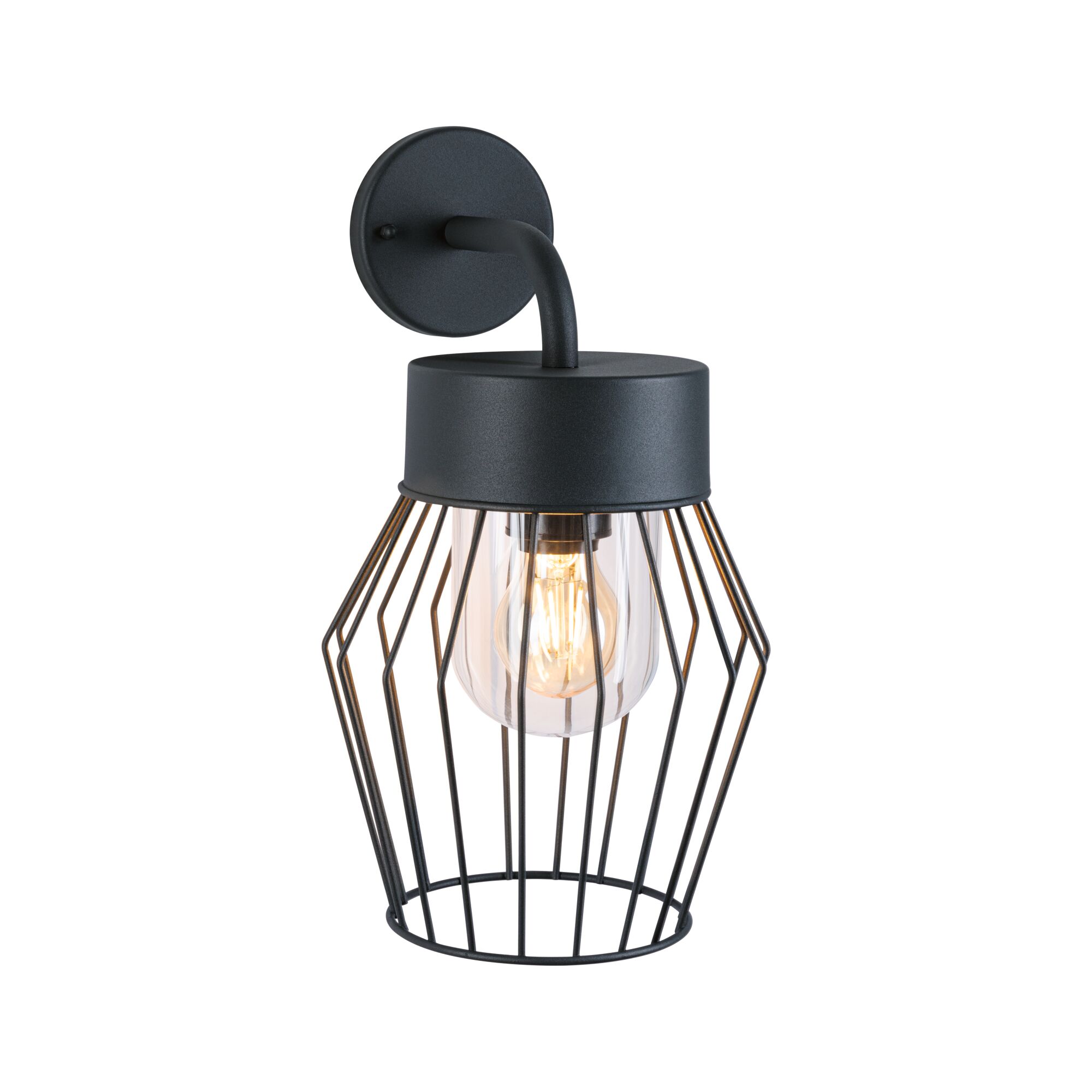 Black metal wall lamp with cage design and visible bulb for modern indoor lighting