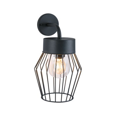 Black metal wall lamp with cage design and visible bulb for modern indoor lighting