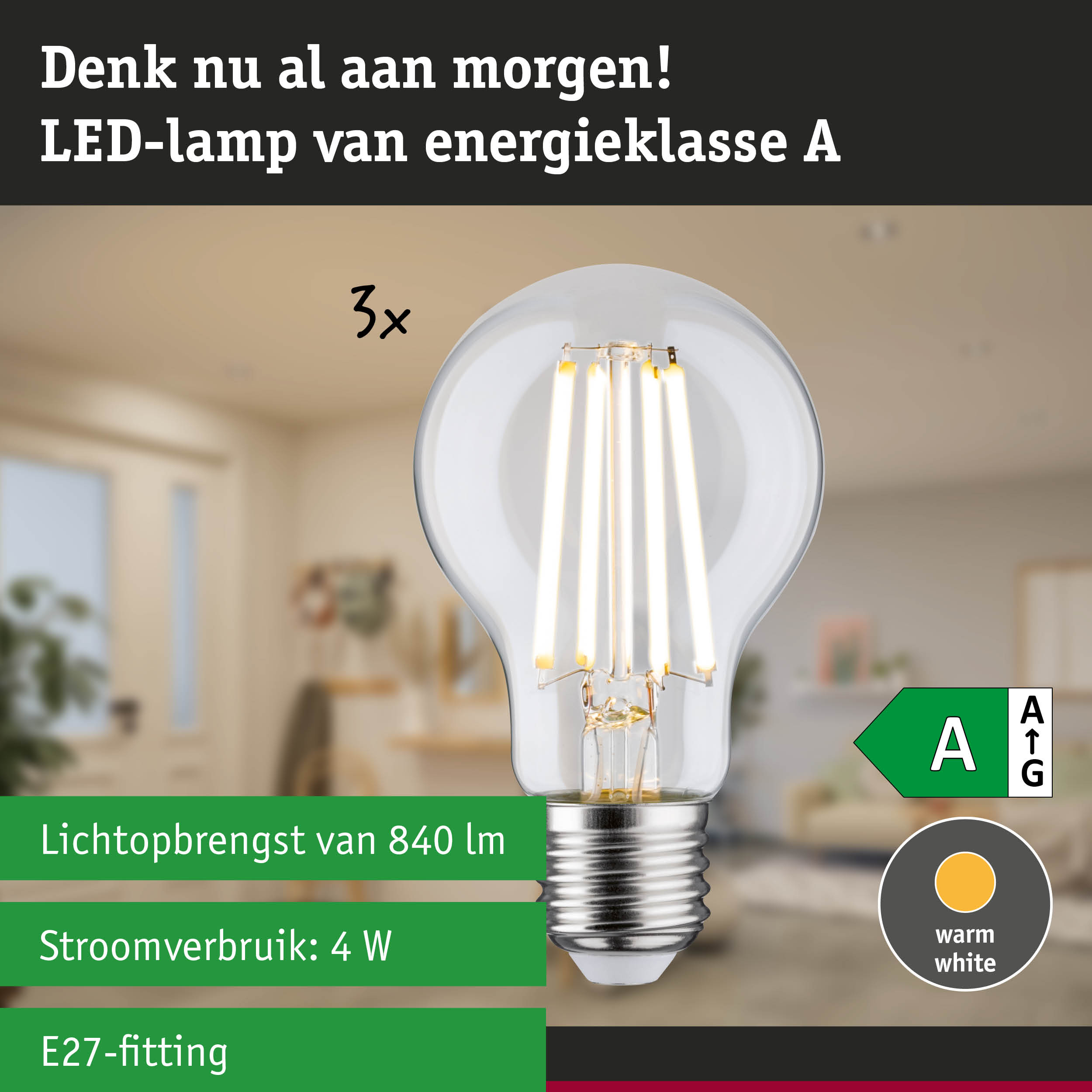 Transparante LED-lamp met warm wit licht en ultra-efficiënte energietechnologie tegen groene bosachtergrond