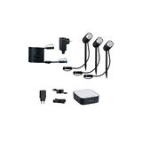 Ensemble de projecteurs LED de jardin noirs avec trois lampes, câbles et unité de contrôle pour éclairage extérieur.