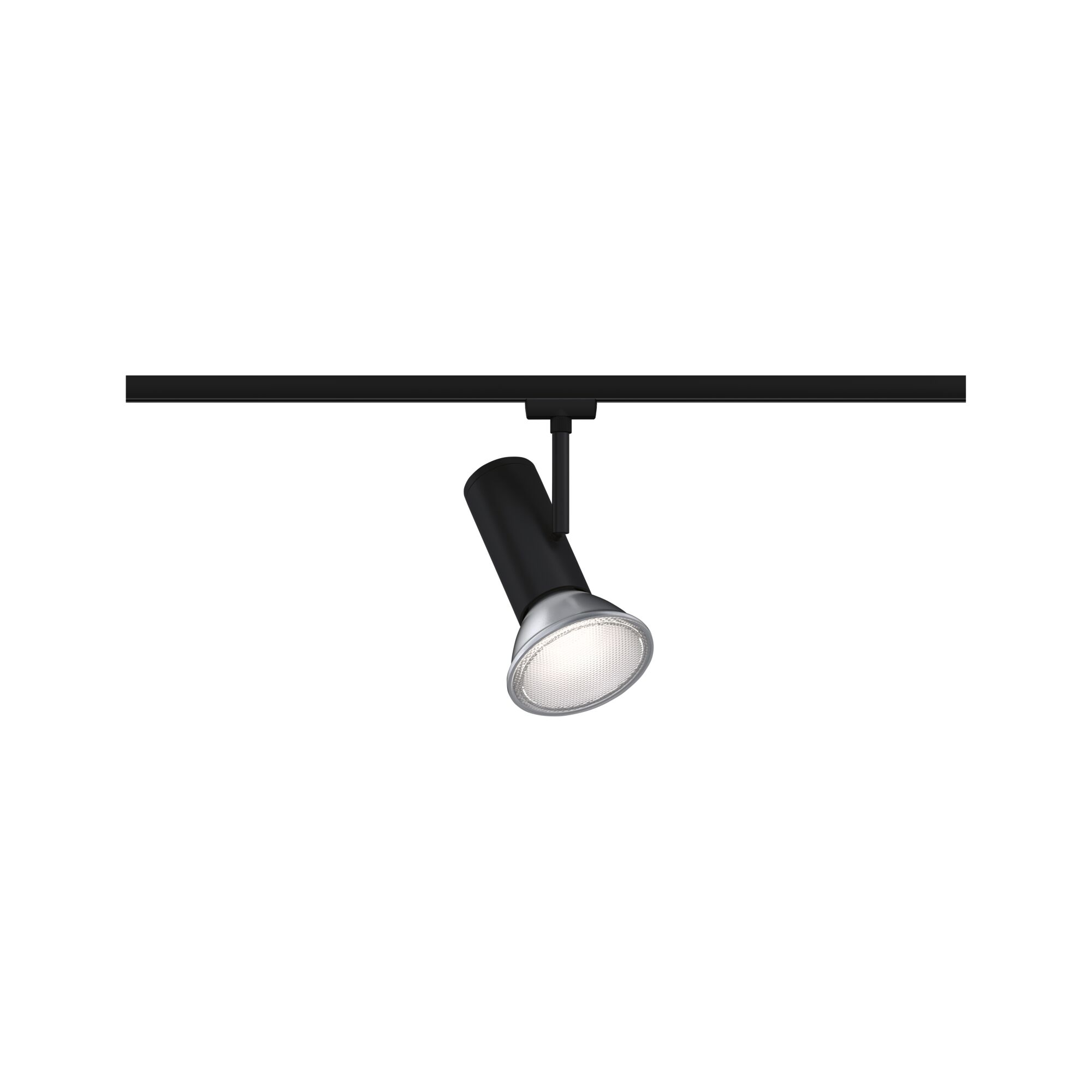 Spot LED noir sur rail avec réflecteur argenté pour un éclairage d'accent flexible intérieur.