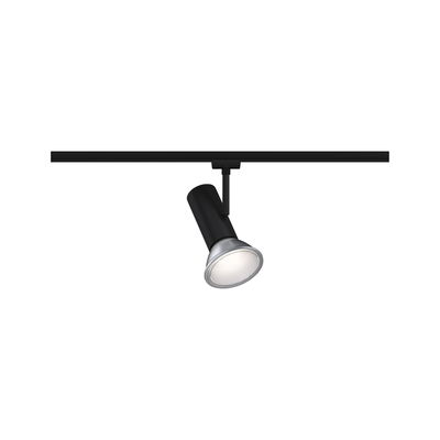 Spot LED noir sur rail avec réflecteur argenté pour un éclairage d'accent flexible intérieur.