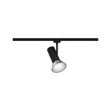 Schwarze LED-Schienenleuchte mit silbernem Reflektor für flexible Akzentbeleuchtung im Innenraum.