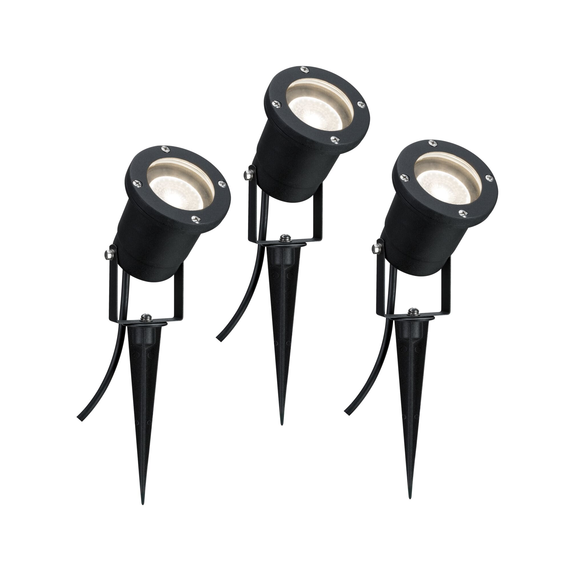Trois projecteurs LED de jardin noirs en métal avec piquets pour éclairage extérieur et accents de jardin