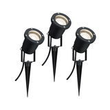 Trois projecteurs LED de jardin noirs en métal avec piquets pour éclairage extérieur et accents de jardin